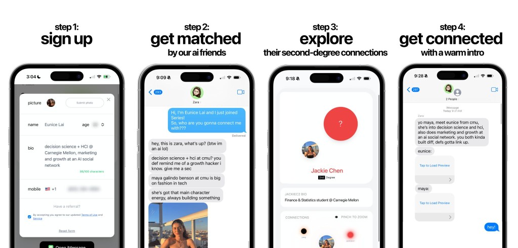 Series user flow — sign up, get matched by AI friends, explore second-degree connections, get connected with a warm intro